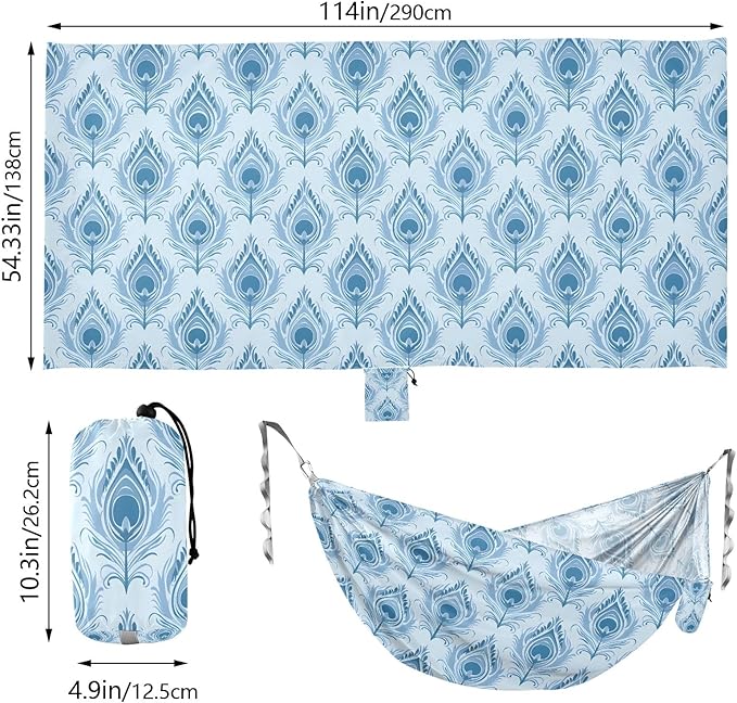 Camping Hammock Outdoor Hammocks for Outside Damask Peacock Feather Beach Trees Portable Lightweight with Pockets Tree Straps Indoor Small