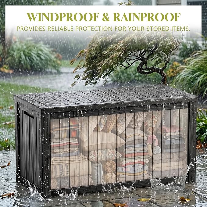 Waterproof Outdoor Storage Box Outside Deck Box Lockable Resin Bench UV Resistant Furniture Cushion Pool Tool Float Bin Patio Garden Porch (Black, 180 Gallon)
