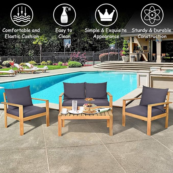 COSTWAY 4 Pieces Outdoor Acacia Wood Sofa Set, Outdoor Conversation Sofa Set with Table & Cushions Porch Chairs for Garden, Patio, Deck