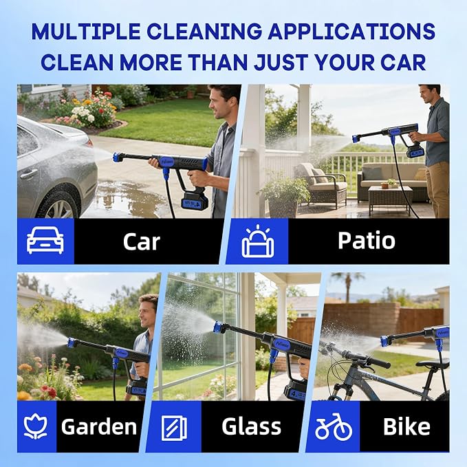 Portable Handheld Cleaning Tool, 6-in-1 Nozzle & Foam Cannon with 32ft Hose for Car & Window Cleaning, Patio, Garden and Home Use with 2-in-1 Water Tank & Storage