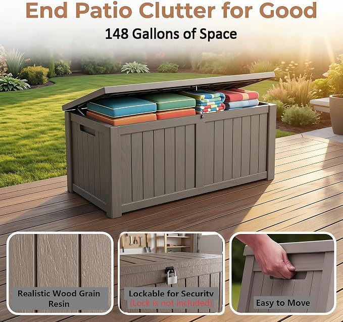148 Gallon Resin Deck Box - Outdoor Storage Chest for Patio Furniture Cushions, Garden Tools, Pool Accessories & Backyard Organization Lockable Waterproof All-Weather Wood Grain Design, Easy Assembly