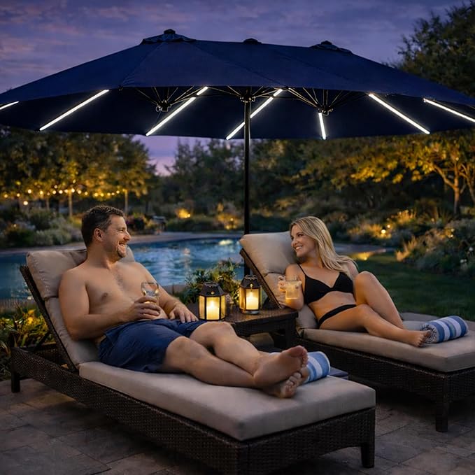 Kozyard 15 FT Rectangular Double-Sided Patio Umbrella with Solar Lights, Outdoor Patio Umbrella with Crank Lift, Base Included, UV-Resistant for Pool, Backyard & Garden NavyBlue