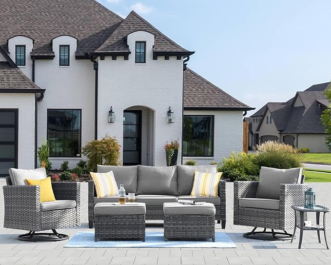 HOOOWOOO Wicker Patio Conversation Sets,6 Piece Outdoor Furniture Set with Swivel Rocking Chairs,All Weather Resistant Modern Outside Out Door Rattan Couch Chairs Side Table Set,Charcoal Gray