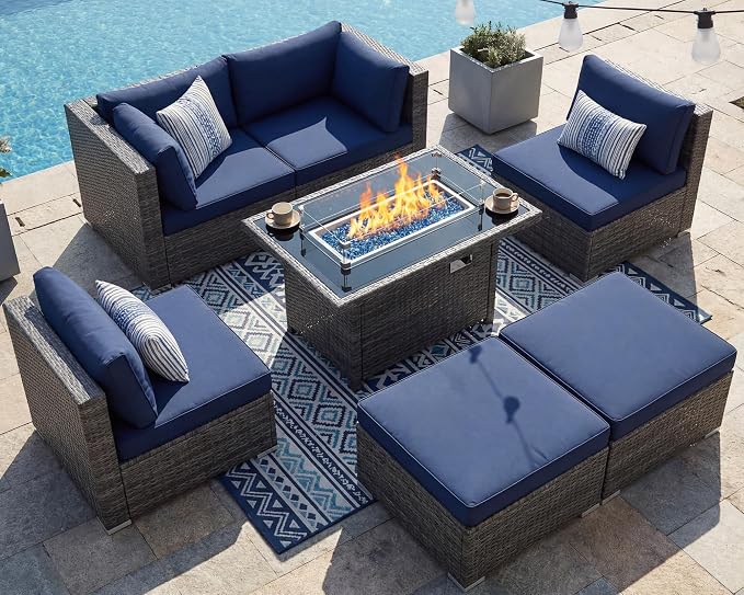 RADIATA 7 Piece Wicker Patio Furniture Set with Fire Pit, All-Weather Outdoor Sectional Couch High Back Large Size, Modular Backyard Seating Sofa Set with Propane/Natural Gas Firepit Table, Grey&Blue