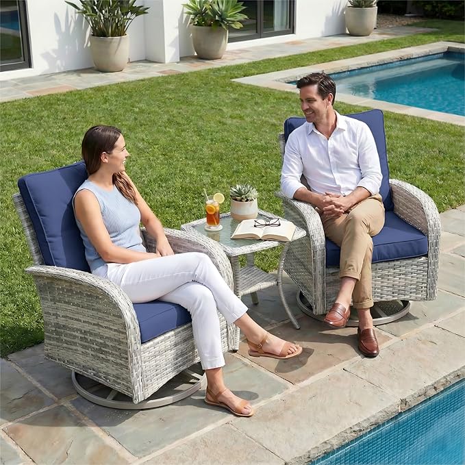 3-Piece Small Patio Furniture Set, Outdoor Swivel Rocking Chairs Set with Wicker Chairs and Tempered Glass Side Table, Outdoor Furniture Patio Bistro Set for Balcony, Deck, Porch