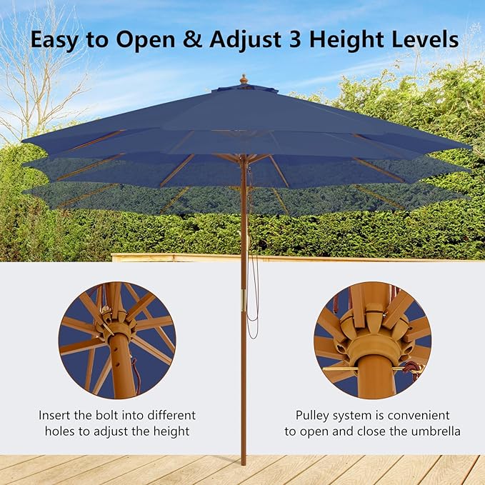 HAPPYGRILL 10 FT Wooden Patio Umbrella with Rope Pulley Lift, 8 Bamboo Ribs, 3 Adjustable Heights, Vented Roof, Outdoor Table Umbrella for Garden Poolside Backyard (Navy)