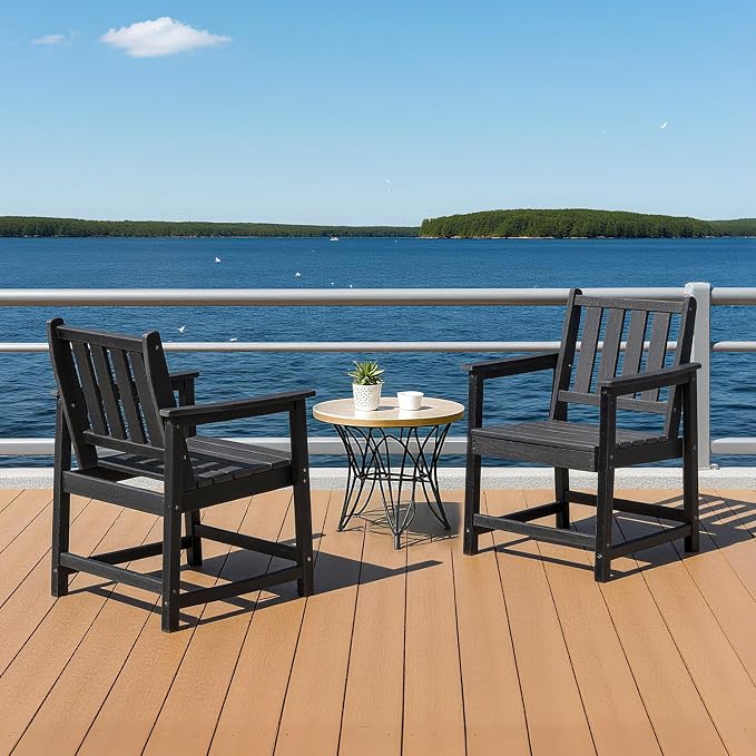 All-Weather Outdoor Chairs, 2-Piece Patio Dining Chairs with Backrest and Armrest, 300 lbs Support HDPE Dining Chair Furniture for Garden, Deck, Porch, Black