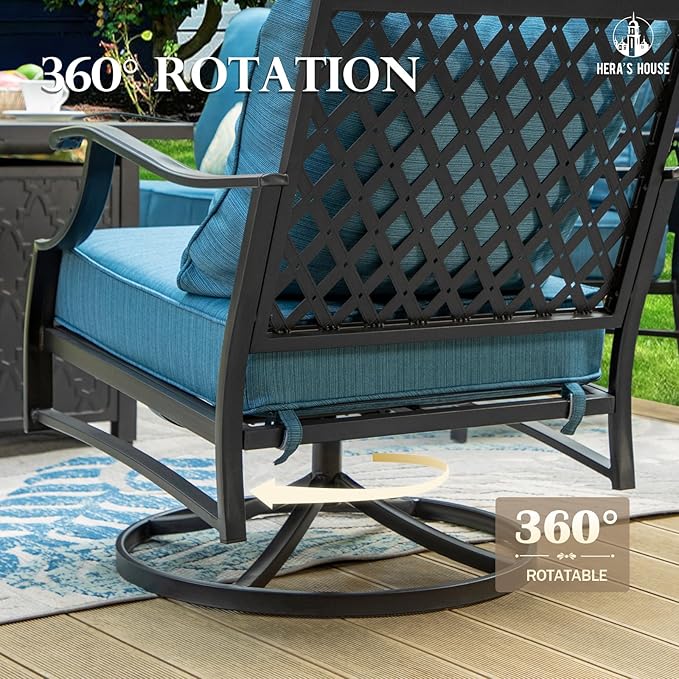 HERA'S HOUSE 7 Piece Patio Furniture Set, 2 x Swivel Chair, 2 x Leg Chair, 2 x Ottoman, 1 x 3-Seat Sofa, All Cushioned 9 Seats Metal Outdoor Conversation Set for Lawn Garden Backyard