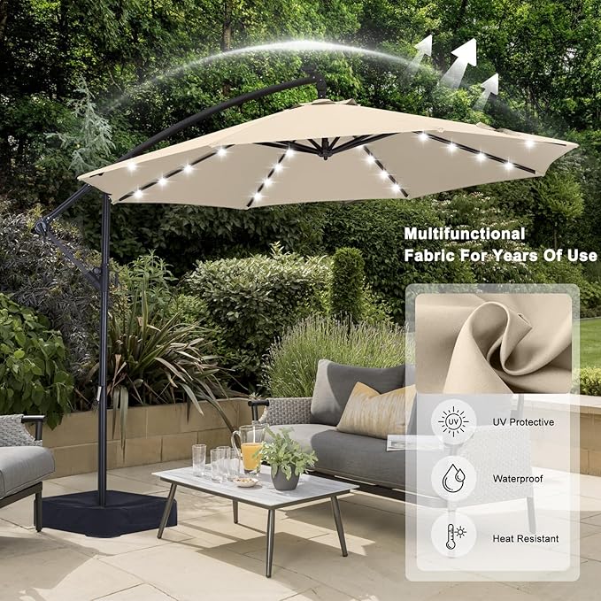 ABCCANOPY 10 FT LED Patio Umbrellas Cantilever Umbrella with base, 360° Rotation Outdoor Lighted Offset Umbrella Bonus Fix Frame & Weights Bag for Backyard, Deck, Poolside (Light Beige)