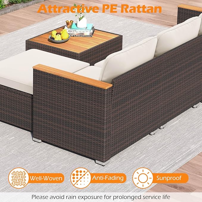 Tangkula 5 Pieces Outdoor Patio Furniture Set, L Shaped Rattan Cushioned Chairs & Coffee Table Set, Outdoor Sectional Conversation Sofa with Wood Armrests & Tabletop for Backyard, Porch, Balcony