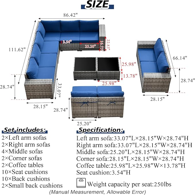 HOOOWOOO Outdoor Patio Sectional Furniture Sofa Set with Widened Armrest,12 Piece Large Modern Wicker Couch,Modular L Shaped Conversation Seating Set with Table for Out Door Garden Corner(Navy Blue)