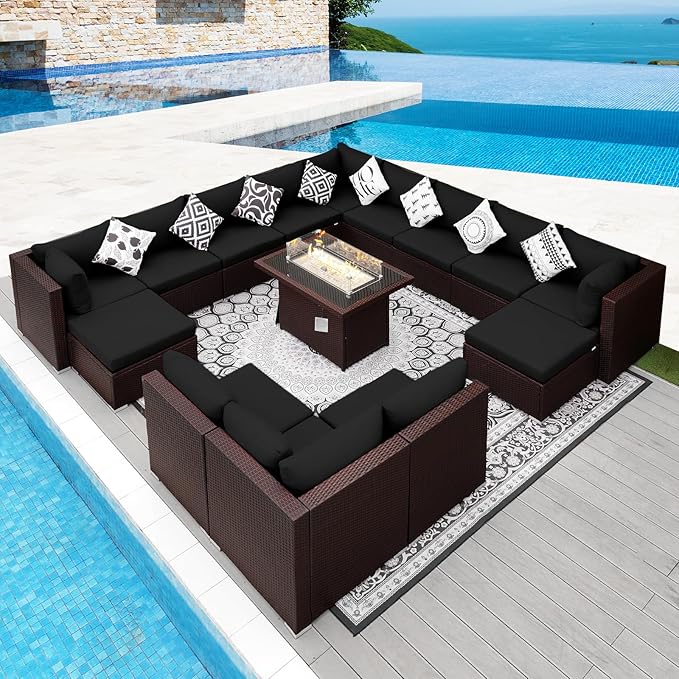 NICESOUL 15 Piece Outdoor Sectional with Fire Pit Table, Modern Luxury Patio Deep Seating w/Firepit, 29.3'' High-Back Wicker Couch Thick, Big High-Weight Capacity Sofa for Garden, Yard, Brown & Black