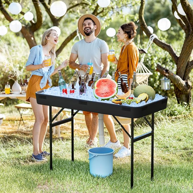 4 Foot Ice Cooler Table, Folding Buffet Cold Food Keeper w/Removable Matching Skirt & Drain Plug, Portable Patio Outdoor Chilling Table, Cooler Server for Party, Picnic, Camping, Wedding, BBQ