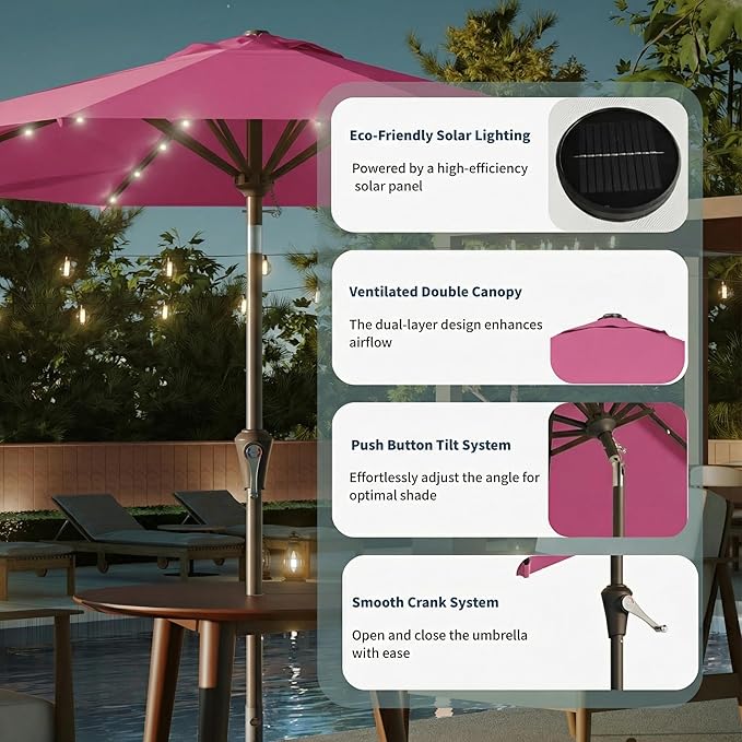 9FT Solar Umbrella 32 LED Lighted Patio Umbrella Table Market Umbrella w/Tilt and Crank, UV-Resistant Outdoor Umbrella for Pool, Garden, Deck, Rose Pink