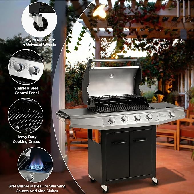 MASTER COOK 4+1 Burners Gas Grill, 518 Sqin Cooking Area, 52,000 BTU Propane Grill with Side Burner, Stainless Steel Cabinet Grill, Black