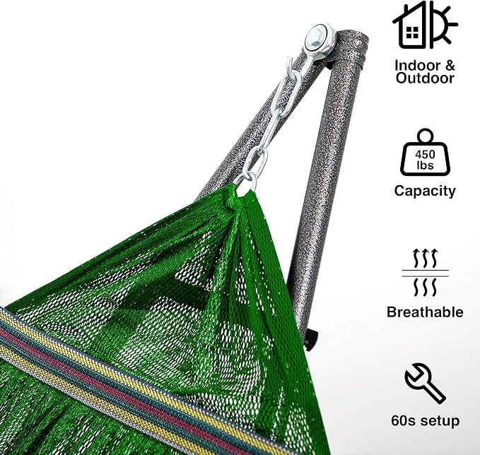 Best Home Fashion Portable Hammock with Collapsible Steel Stand, 450 lbs Capacity, No Tools Assembly, Carrying Bag Included, Perfect for Indoor Outdoor Backyard Patio Camping Beach, Green