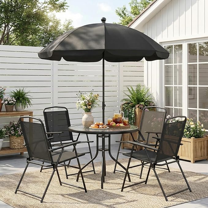 TLSUNNY 6 Pieces Patio Dining Set with 65″ Umbrella, Outdoor Table and Chairs with 31.5″ Round Glass Table, 4 Folding Textilene Chairs, Patio Dining Set W/Steel Frame, for Poolside, Backyard (Black)