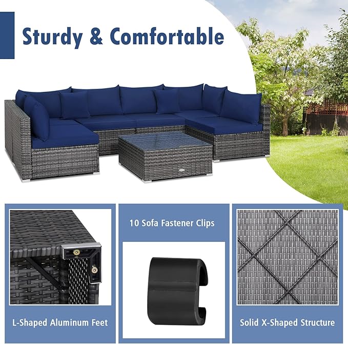 Tangkula 7 Piece Patio Wicker Furniture Set, Outdoor Rattan Sectional Sofa Set for 6 with Seat & Back Cushions, 2 Throw Pillows, Sofa Fastener Clips, for Backyard, Poolside, Deck and Garden (Navy)