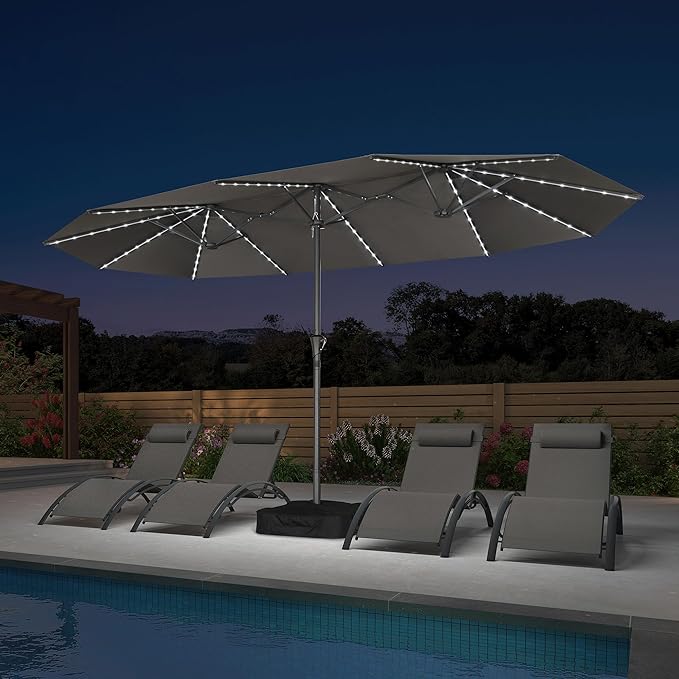 PURPLE LEAF 14ft Patio Umbrella with Solar Lights Outdoor Double-Sided Market Umbrella with Base Included Rectangle Table Umbrella for Pool Garden Backyard, Grey