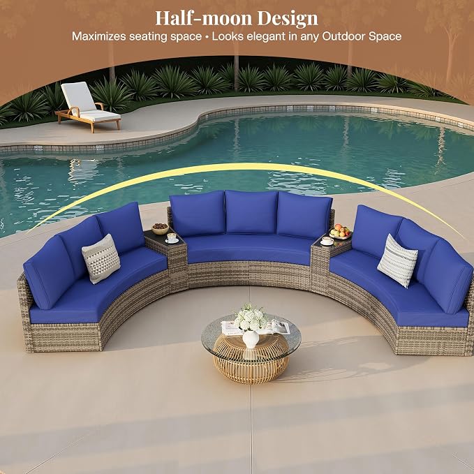 Jocisland 11-Piece All-Weather Wicker Conversation Set with Storage Table, Half-Moon Outdoor Sectional Sofa with Removable Cushions, Rattan Patio Furniture Set for Backyard, Garden & Deck, Blue