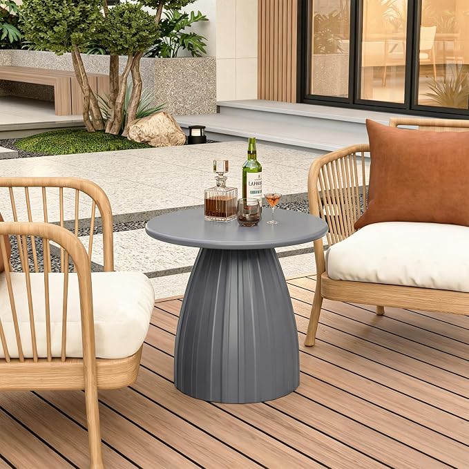 Round Metal Outdoor Patio Side Table, Steel Outdoor Accent Table, Small Patio End Table, for Garden, Pool, Yard, Balcony, Living Room, Deck, Weather Resistant, No Assembly, Grey
