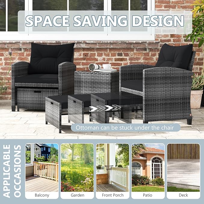 ORALNER 5 Pieces Patio Furniture Set with Ottoman, Wicker Conversation Set w/Cushions, Glass Coffee Table, Outdoor Lounger Rattan Chairs Bistro Set for Porch Balcony Garden Deck Poolside (Black)