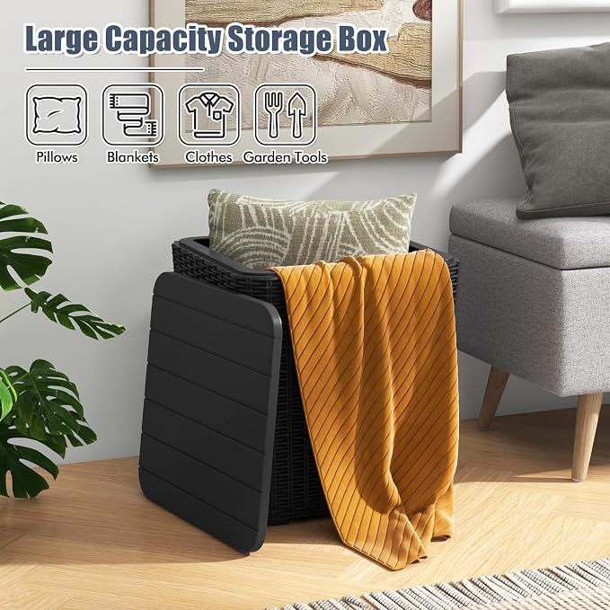 LDAILY 11.5 Gallon Outdoor Storage Box, Deck Box with Table Top & Stool, Resin Wicker Patio Side Table with Storage, Removable Lid, 330Lbs Capacity for Poolside, Balcony (Black)