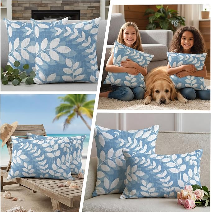 Sky Blue Leaves Outdoor Waterproof Throw Pillow Covers 24x24 Set of 2, Farmhouse Botanical Branch Vintage Boho Leaf Decorative Pillowcases Cushion Pillowcase for Couch Sofa Patio Pillow Protector