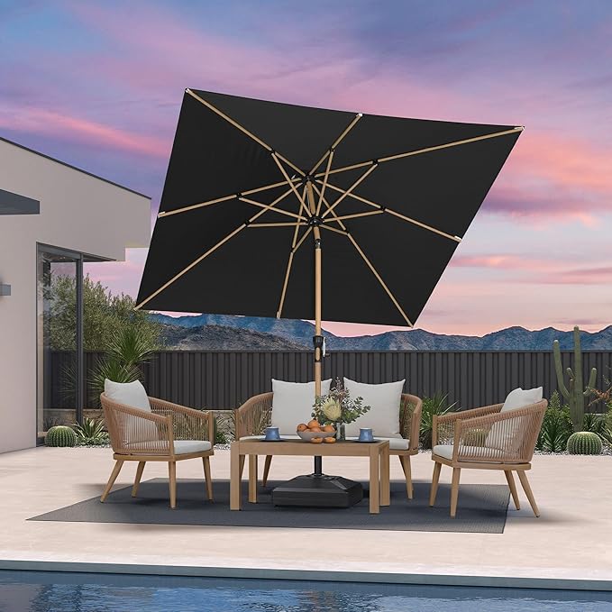 PURPLE LEAF 8' x 8' Square Outdoor Umbrella with Base Outdoor Table Umbrella Aluminum Patio Umbrella with Push Button Tilt & Crank and 8 Ribs Market Umbrella for Pool Backyard Beach, Black
