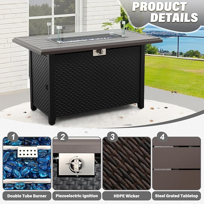 6 Pieces Outdoor Furniture 60000BTU Outdoor Propane Fire Pit Wicker Patio Furniture Set 45" Steel Fire Table Anti-Slip Cushions Waterproof Covers, Dark Grey