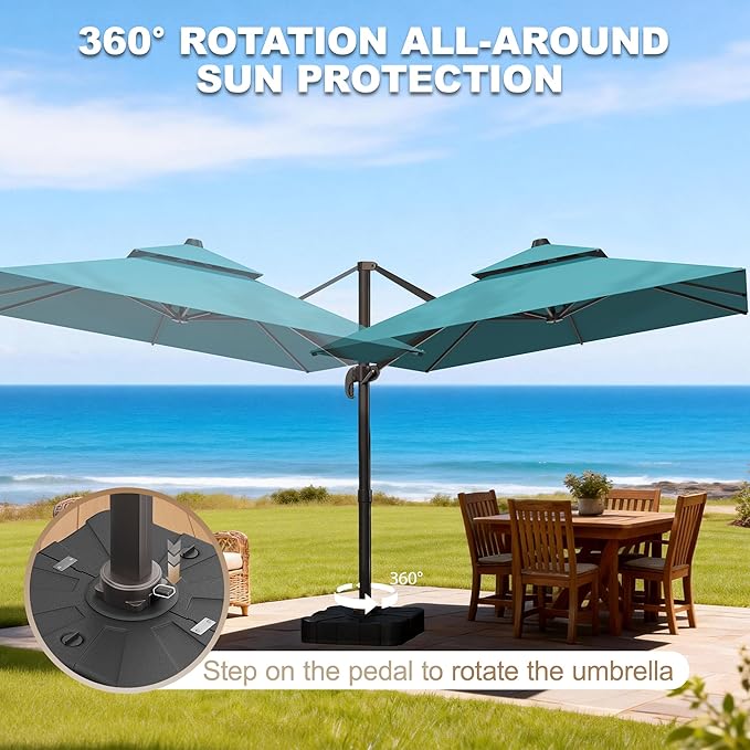 10x10Ft Patio Umbrella Outdoor Cantilever Rectangle Umbrella with Base Included, 6-Level Tilt & 360° Rotation Offset Umbrella for Garden, Deck, Pool(Turquoise)