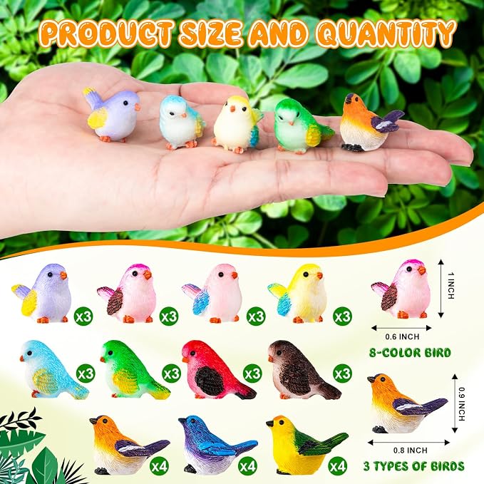 36PCS Miniature Cute Bird Decorative Figurines 11 Styles Mini Resin Birds | Micro Landscape Home Meetings Decoration, Cake Topper