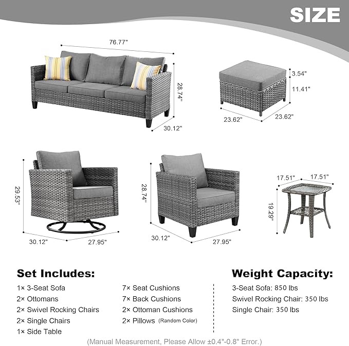 HOOOWOOO Wicker Patio Conversation Sets,8 Piece Outdoor Furniture Set with Swivel Rocking Chairs,All Weather Resistant Modern Outside Out Door Rattan Couch Chairs Side Table Set,Charcoal Gray
