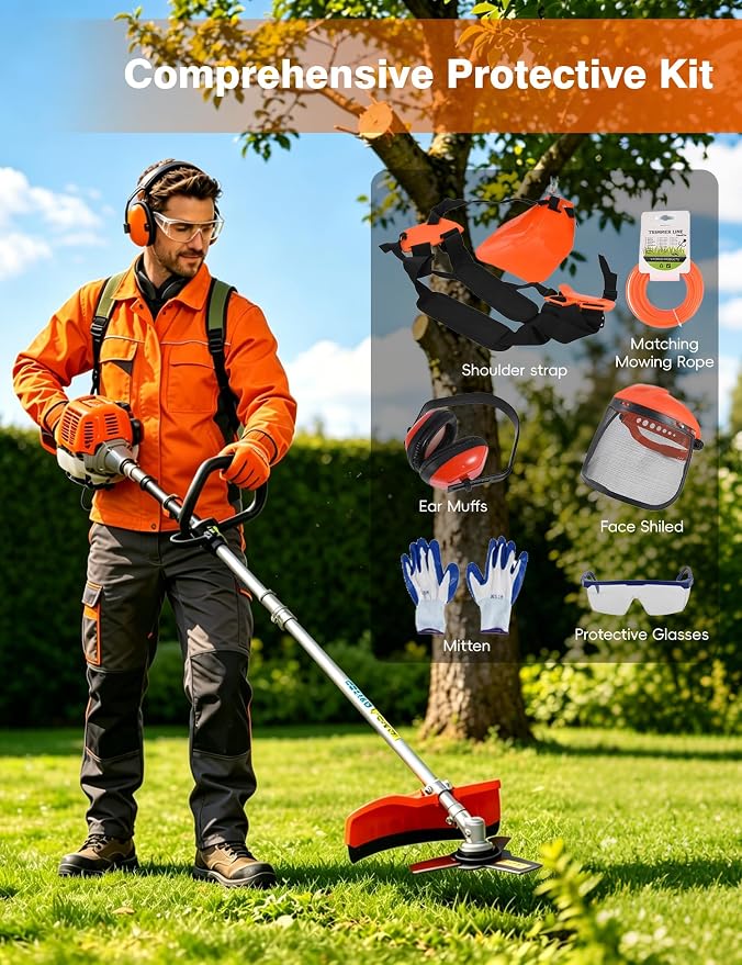 5-in-1 Gas Lawn Mower & Brush Cutter | 52CC 2-Cycle Cordless Trimmer with 43'' Extendable Pole | 2.3KW Weed Wacker, Chainsaw, Edger for Home Yard & Garden Maintenance Orange