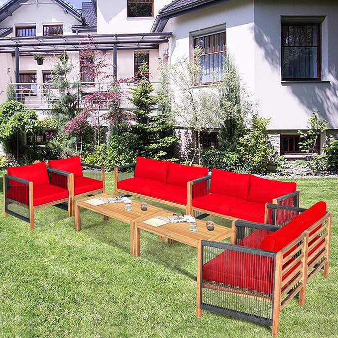 Tangkula Outdoor Wood Furniture Set with 2 Set Cushion Covers, 8 Pieces Cushioned Patio Conversation Set, for Garden Balcony Poolside Outdoor Living (2, WH-RE)