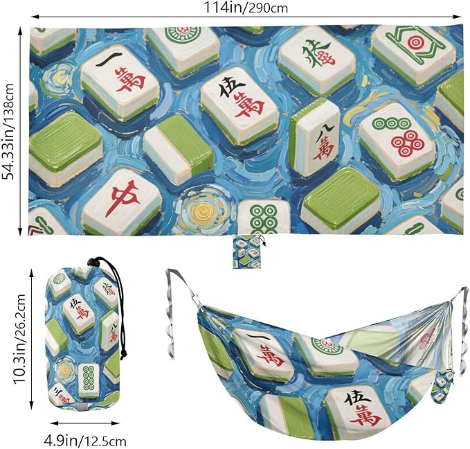Art Painting Blue Chinese Mahjong 330lb Capacity Hammocks with Hanging Rope Portable Hammock for Outside Patio Backyard Poolside soporte para hamacas para adultos