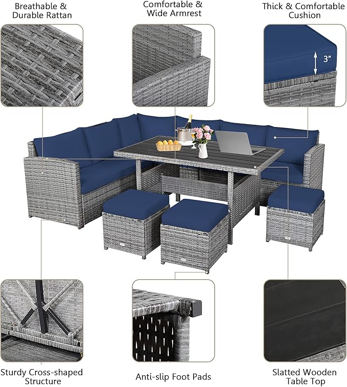 HAPPYGRILL 7 Pieces Rattan Wicker Patio Conversation Set, Outdoor Patio Furniture Set with Cushions, Rattan Sofa Set with Dining Table & Ottomans for Poolside Backyard Balcony Garden (Navy)