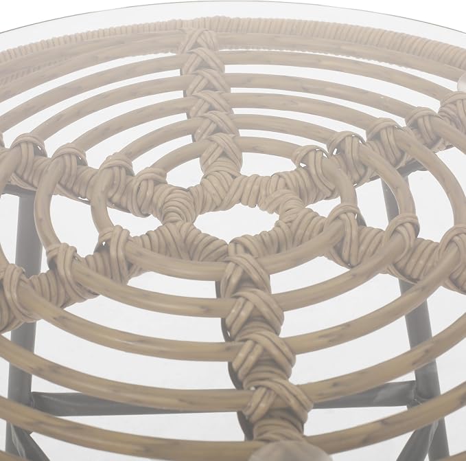 Rattan Outdoor Side Table with Tempered Glass Tabletop, Weather-Resistant Patio End Table, Stable Steel Frame for Balcony, Porch, Deck, Natural