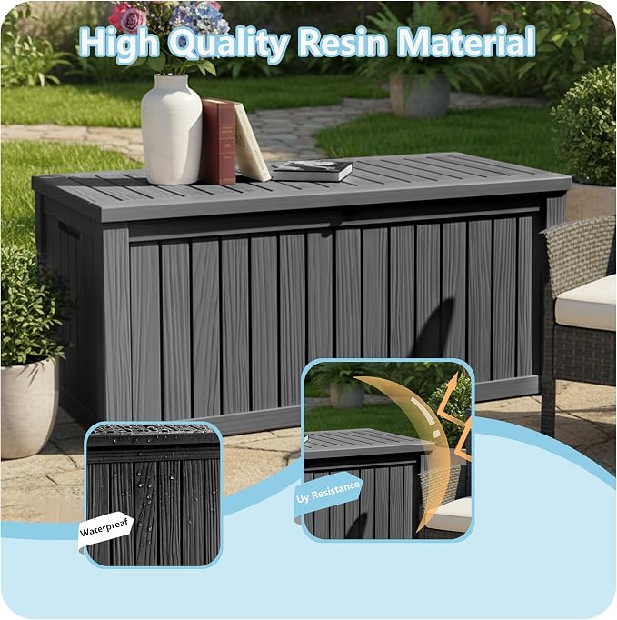 150 Gallon Deck Box Outdoor, Waterproof Outdoor Storage Boxes with Lids, Outside Resin Lockable Storage Box for Patio Cushions, Garden Tools(Black)