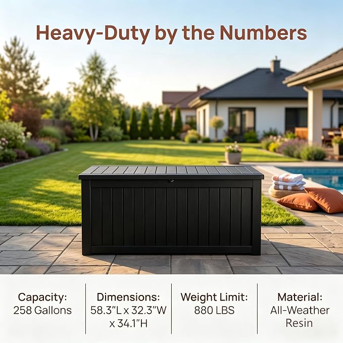 Large 258 Gallon Resin Deck Box, Heavy Duty Lockable Patio Storage Box Outdoor, Waterproof Tool Box for Garden Furniture Cushions & Pool Supplies, Wood Grain Outdoor Storage Bench for Backyard