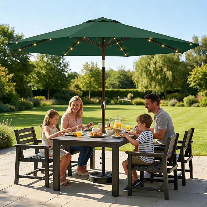 11FT Solar Lighted Patio Umbrella, Outdoor Table Market Umbrellas with Crank Lift, 32 LED Lights, 8 Sturdy Ribs, UV-Resistant for Deck, Garden, Pool