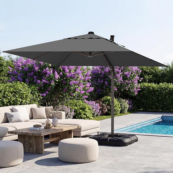 GENTEACO 10X10 FT Cantilever Umbrella, Large Offset Patio Umbrella with 6 Angle Tilts & 360° Rotation, Large Square Sun Umbrellas for Outdoor Patio Pool Deck Market, Grey