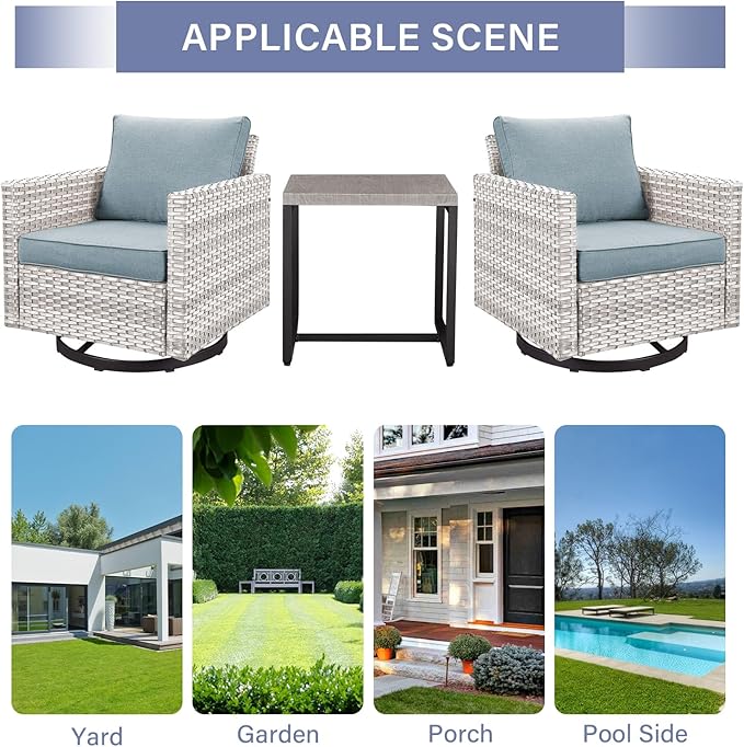 Outdoor Patio Swivel Rocker Chairs - 3 Piece Wicker Patio Furniture Bistro Swivel Rocking Chairs Set with Comfortable Cushions,Sturdy Metal Frame and Side Table for Porch Deck(Light Grey/Sky Blue)