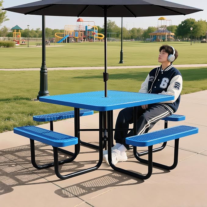 46" Square Picnic Table for Outside,Blue Heavy Duty Metal Picnic Table Bench Set with 2in Umbrella Hole, 1600 lb Capacity,Commercial Dining Table Furniture for Garden Yard Patio Party Coffee Shop
