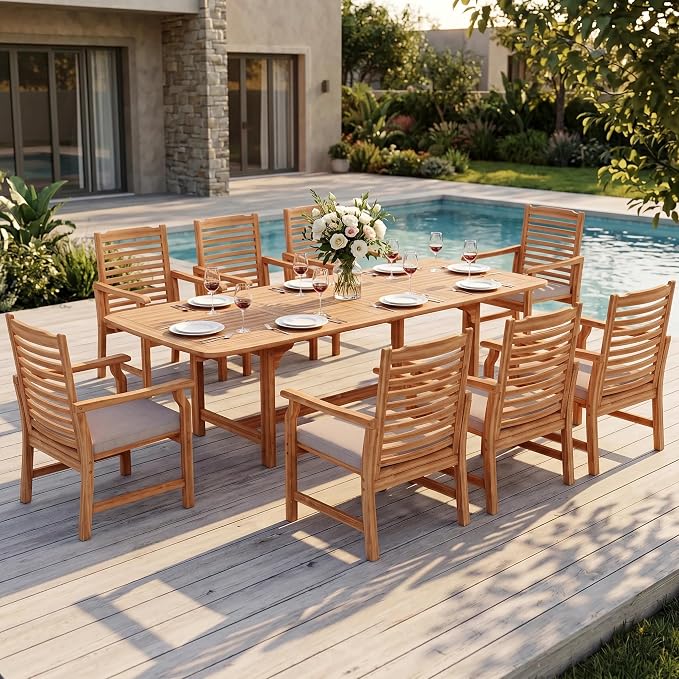 Sophia & William 9pc Outdoor Dining Set, Acacia Wood/Expandable Table | Acacia wood, seat cushions,weather-resistant rattan,breathable