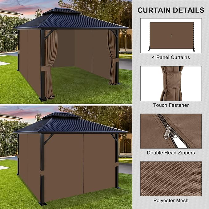 Aoodor 12x14 ft Outdoor Gazebo Curtains, 4 Panels Waterproof Privacy Sidewall Replacement with Zipper for Patio Pergola and Canopy, Brown