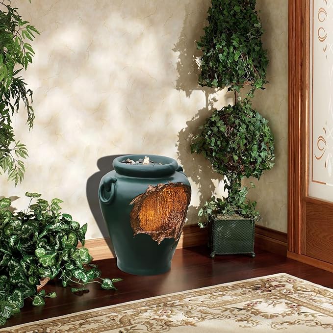 19" Broken Jar Water Fountain with Gold Interior Cascading Zen Water Feature and LED Lights Green Urn Indoor/Outdoor Décor for Garden, Patio, Backyard, Decking, Living Space