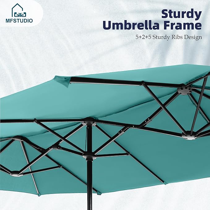 MFSTUDIO 13ft Outdoor Patio Umbrella, Double Sided Large Rectangular Umbrella Market Table Twin Triple Rectangle Umbrellas with Crank Handle for Outside Picnic Backyard Deck Pool (no base)