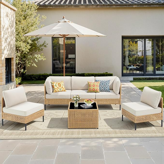 Belord Patio Sectional Furniture Set 6-Piece, Waterproof Outdoor Seating Furniture with Thick Cushions, Wicker Conversation Set for Garden, Poolside