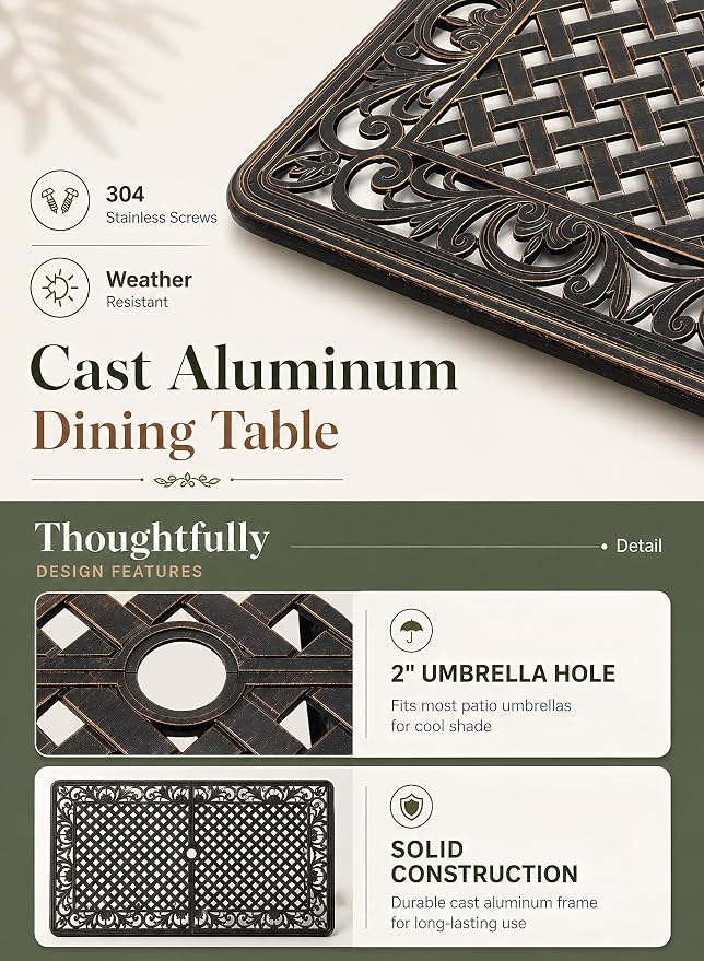 7 Piece Cast Aluminum Outdoor Dining Set, Retro Patio Dining Furniture Set for 6 Includes 59” Rectangular Table 6 Lattice Chairs with Thicker Cushions and Umbrella Hole for Porch Poolside Garden